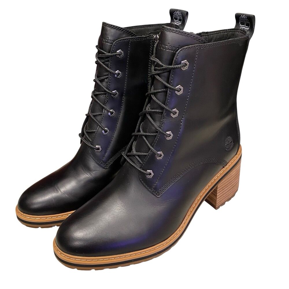 Timberland Sienna High Waterproof Boots Womens 9.5 Black Leather Heeled Lace Up